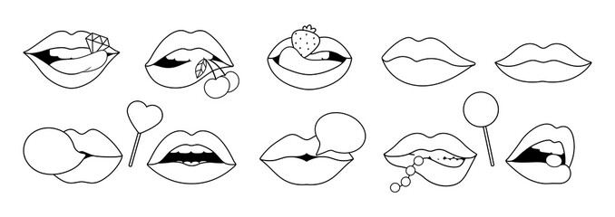 Black outline lips for coloring. Lip sexy girls with diamond, lollipops, strawberry and bubblegum. Speech bubble with female mouth, vector isolated stickers