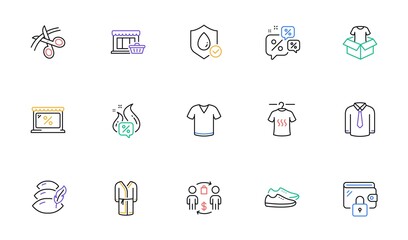 Bathrobe, Wallet and Scissors line icons for website, printing. Collection of Buying process, Dry t-shirt, Shoes icons. Hot offer, Marketplace, Discounts chat web elements. Clothing. Vector
