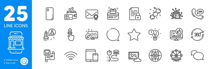 Outline icons set. Startup, Food delivery and Ferris wheel icons. Lock, Web system, Distribution web elements. Star, 24h service, Swipe up signs. Smartphone cover, Full rotation, 5g internet. Vector