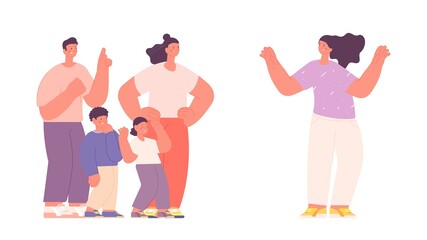 Happy young girl and angry family group with children. Childfree character and dissatisfied parents. Self choice of lifestyle vector concept