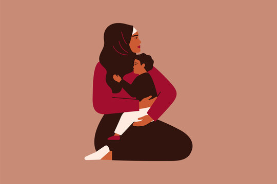 Arab Mother Holds Her Toddler Son With Love And Care. Muslim Woman In Hijab Sits With Her Child On Her Hands. Happy Mother's Day Concept. Female Refugee Or Migrant Vector Illustration.