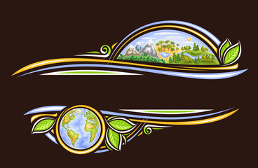 Vector border for Earth Day Holiday with copy space for greeting text, decorative frame with illustration of mountainous area, africa palm trees, woodland with river on sky background, cartoon earth