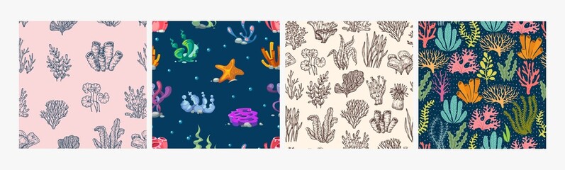 Fototapeta na wymiar Seaweed and corals seamless pattern. Underwater plants background. Sea algae sketch and cartoon elements. Ocean flora vector textures