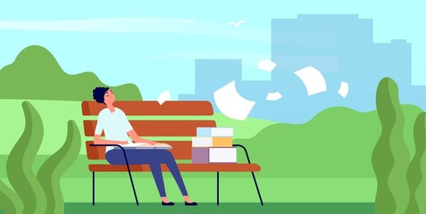 Tired student with book sleep on bench in city park. Flying paper sheets, books and dreaming reading girl. Summer outdoor time vector scene