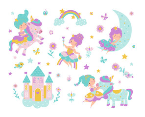 Little princess life. Cute princesses and castle, rainbow and moon. Cartoon fairy tale characters with unicorns. Magic t-shirt print, nowaday kids vector set