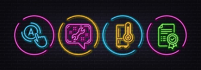 Refrigerator, Spanner and Ab testing minimal line icons. Neon laser 3d lights. Certificate icons. For web, application, printing. Kitchen fridge, Repair service, A test. Verified document. Vector