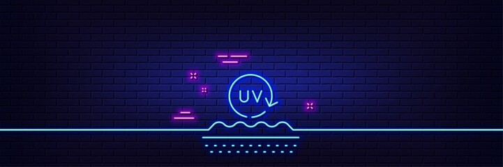 Neon light glow effect. Uv protection cream line icon. Skin care sign. Cosmetic lotion symbol. 3d line neon glow icon. Brick wall banner. Uv protection outline. Vector