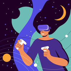 Metaverse Digital virtual reality simulation. Woman in VR headset and futuristic glasses in outer space among planets and stars. Break The Science Bias. Colorful flat vector illustration, banner.