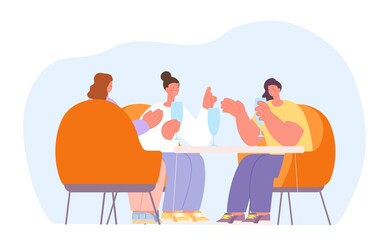 Girls drink together. Female friendship, celebrating or lunch dinner meeting. Free time, friday evening or vacations. Happy women talking in bar or cafe, vector scene
