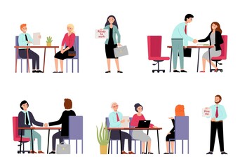 Hr employer interview. Employee characters need job, work searching woman and wan. Isolated boss interviewing workers, recruit office decent vector set