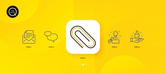 Fototapeta na wymiar Paper clip, Chat message and Creative idea minimal line icons. Yellow abstract background. Chemistry lab, Mail correspondence icons. For web, application, printing. Vector