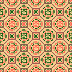Japanese Flower Octagon Mosaic Vector Seamless Pattern