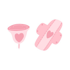 Menstrual period use cup and reusable sanitary pads in cartoon flat style. Vector illustration of zero waste hygiene device for feminine menstruation period on white background