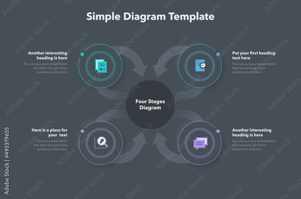 Poster Simple diagram template with four stages - dark version. Easy to use for your website or presentation.