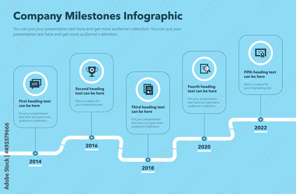 Fototapete Modern curved road map timeline with five pointers - blue version. Easy to use for your website or presentation.