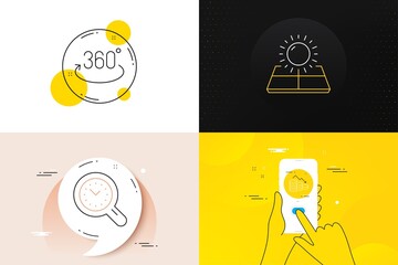 Minimal set of Time management, Full rotation and Money loss line icons. Phone screen, Quote banners. Sun energy icons. For web development. Time analysis, 360 degree, Economy bankruptcy. Vector