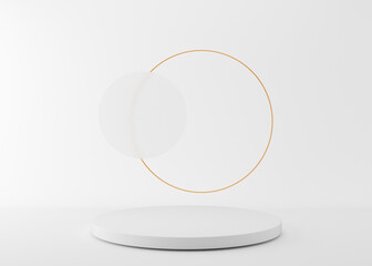 Round white podium with golden ring on white background. Podium for product, cosmetic presentation. Mock up. Pedestal or platform for beauty products. Empty scene. 3D rendering.