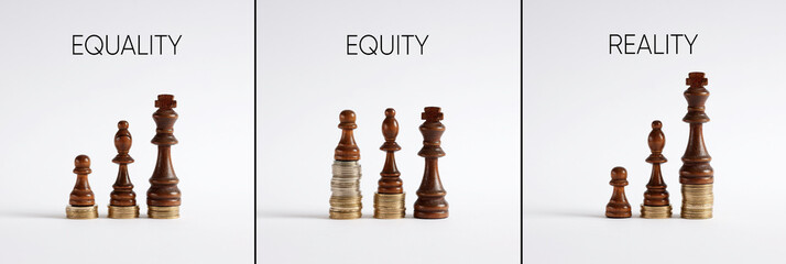 Chess pieces differences with coins showing the concepts of equality, equity and reality. - obrazy, fototapety, plakaty
