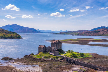 Eilean Donan castle seen from above on sunny day