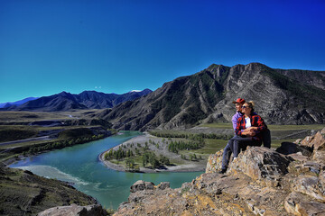 Fototapeta premium couple autumn altai lovers mountains, active adventures, travel happy tourism