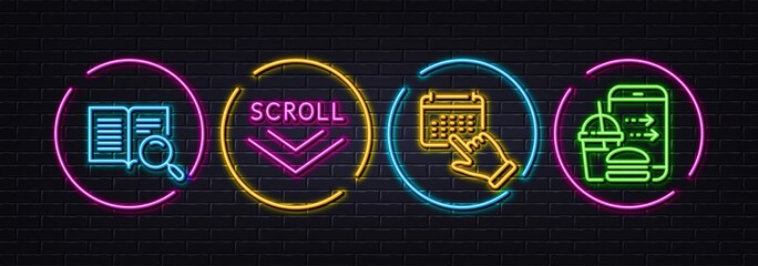 Scroll down, Search text and Event click minimal line icons. Neon laser 3d lights. Food order icons. For web, application, printing. Swipe screen, Open book, Calendar month. Food delivery. Vector