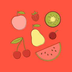 Vector flat style illustration of fresh fruits and berries isolated on a colored background.