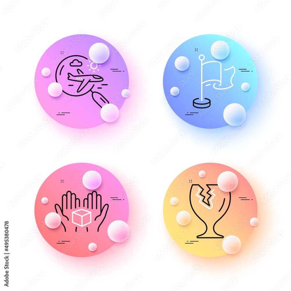 Poster hold box, flag and fragile package minimal line icons. 3d spheres or balls buttons. search flight ic