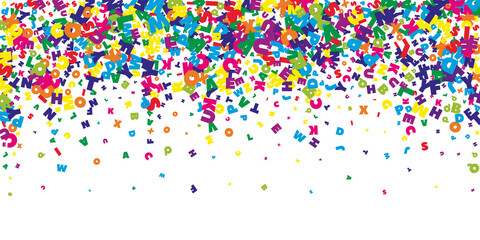 Falling letters of English language. Bright flying words of Latin alphabet. Foreign languages study concept. Unequaled back to school banner on white background.