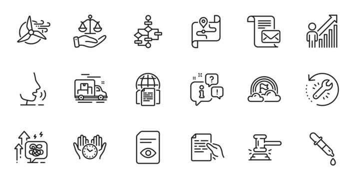 Outline Set Of Justice Scales, Judge Hammer And Map Line Icons For Web Application. Talk, Information, Delivery Truck Outline Icon. Vector