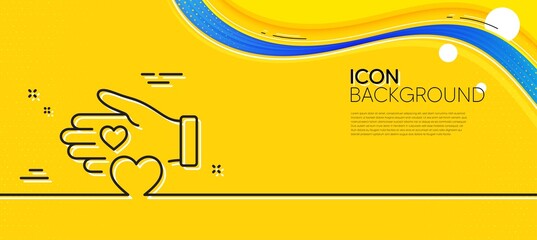 Naklejka na ściany i meble Volunteer care line icon. Abstract yellow background. Helping hand sign. Donation symbol. Minimal volunteer line icon. Wave banner concept. Vector