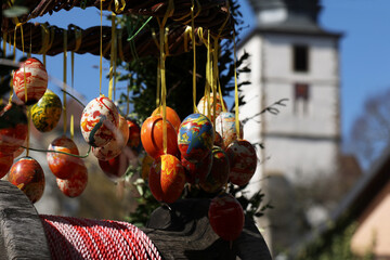 Easter - Fountain decorated Easter eggs. Well decorated Easter eggs.