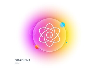 Atom core line icon. Gradient blur button with glassmorphism. Nuclear power sign. Nucleus energy symbol. Transparent glass design. Atom core line icon. Vector