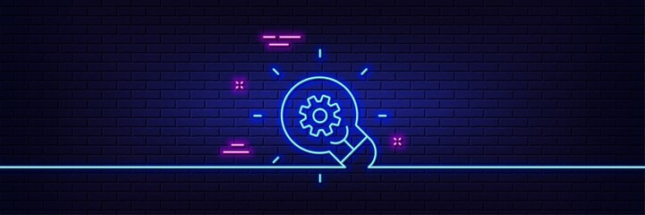 Neon light glow effect. Innovation line icon. Light bulb with cog sign. Working process symbol. 3d line neon glow icon. Brick wall banner. Innovation outline. Vector