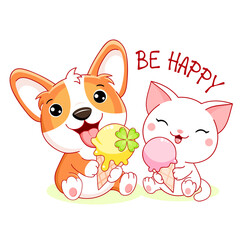 Cute summer card in kawaii style. Little friends - corgi puppy and kitty with ice cream. Inscription Be happy. Can be used for t-shirt print, stickers, greeting card design. Vector illustration EPS8