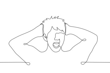 man screaming in despair, panic - one line drawing vector. concept of horror, shock, screaming, clutching his head, migraine, headache