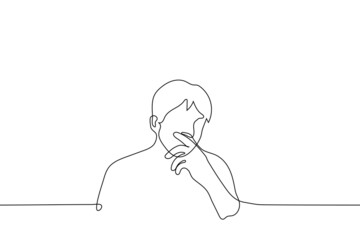 portrait of a pensive man his palm on his face - one line drawing vector. the concept of thoughtfulness, mental stress, brainstorming, indecision, doubts