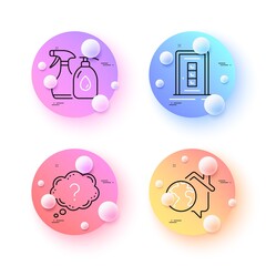Work home, Door and Question mark minimal line icons. 3d spheres or balls buttons. Cleaning liquids icons. For web, application, printing. Outsource work, Entrance door, Quiz chat. Vector