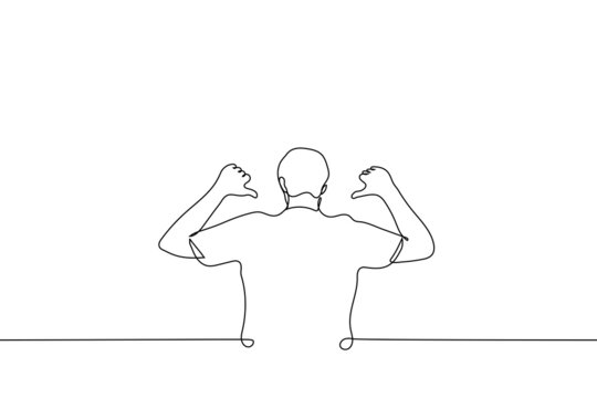man in shirt stands with his back to viewer and points his thumbs at his back - one line drawing vector. football fan concept, shirt demonstration with place for text