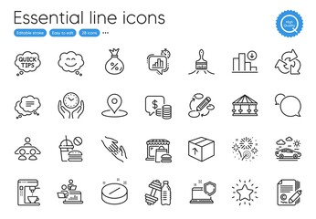 Statistics timer, Medical tablet and Pin line icons. Collection of Safe time, Fireworks, Teamwork icons. Smile chat, Carousels, Food market web elements. Coins, Package, Loan. Car travel. Vector