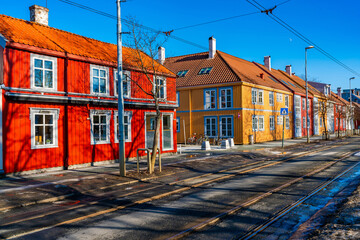 Street view of  colorful wooden houses in Trondheim. Norway.