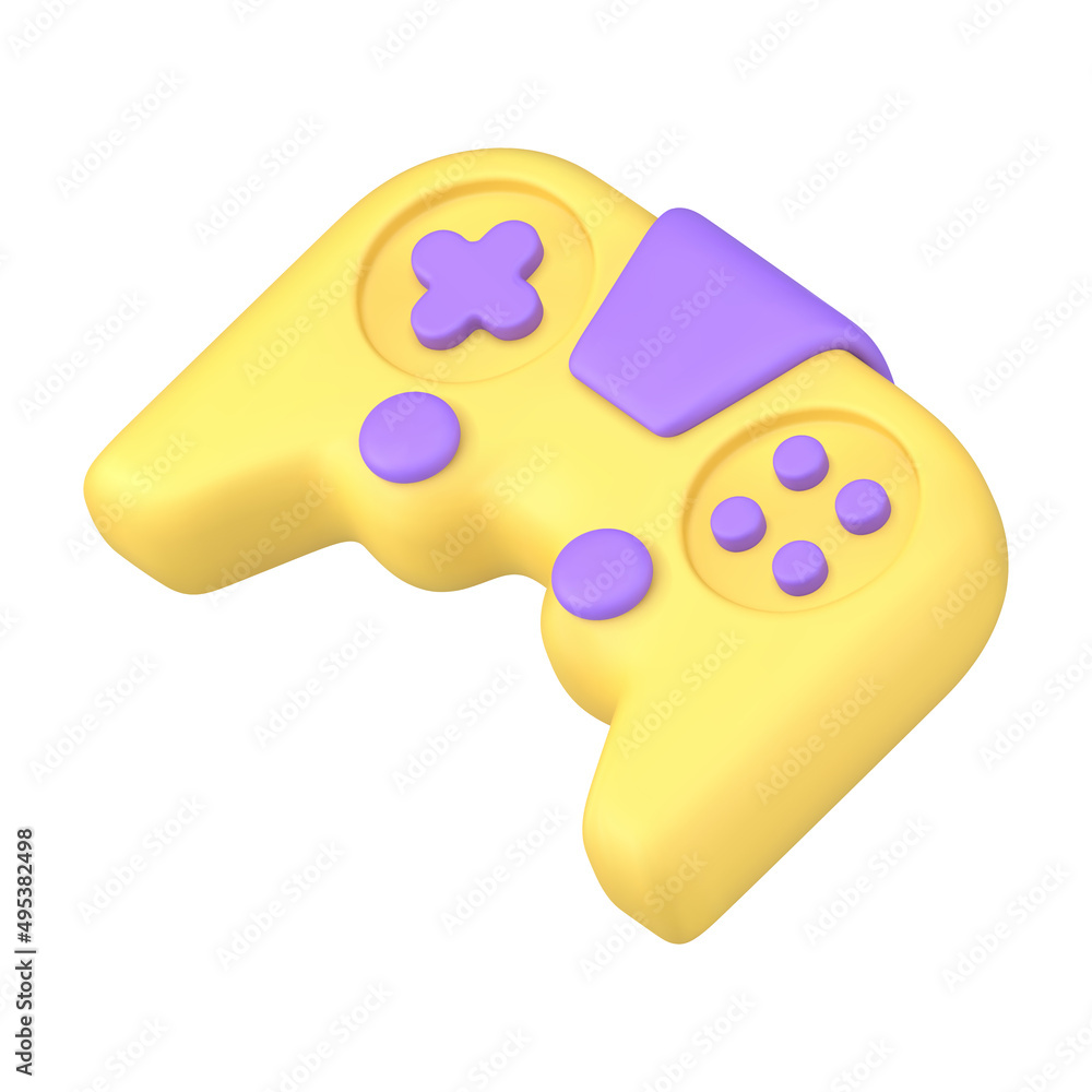 Poster yellow and purple video game joystick with buttons diagonally placed gaming console 3d icon vector