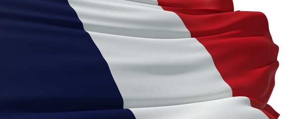 french flag waving, close up - white background