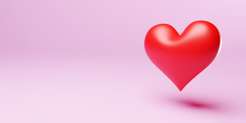 Red heart hovering over pink background. There is copy space on the left side. 3d rendering