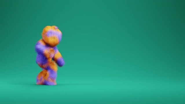 Colorful cartoon 3D yeti dancing across the screen against green background. 3D rendering.