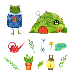 set of elements - a frog with a house, a watering can, a water lily, a lamp, a flower pot, leaves and twigs, dragonflies on a white background