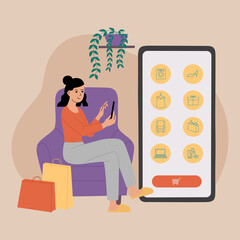 Online shopping concept. Woman chose the product and paid via smartphone. Hand drawn vector illustration isolated on beige background. Modern trendy flat cartoon style