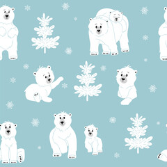 Seamless pattern with white polar bears. Cute wild northern animals in cartoon style for kids. Hand drawn vector illustration isolated on blue background with snowflakes and trees. Modern flat style.
