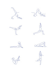 Pilates line art poses set. outline vector illustration. one line yoga poses collection. women make yoga and pilates.