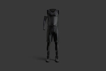 Blank black basketball uniform mockup, dark background