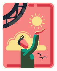 Man stretches his hand to the sun, minimalist illustration, ui ux icon style, sunrise
